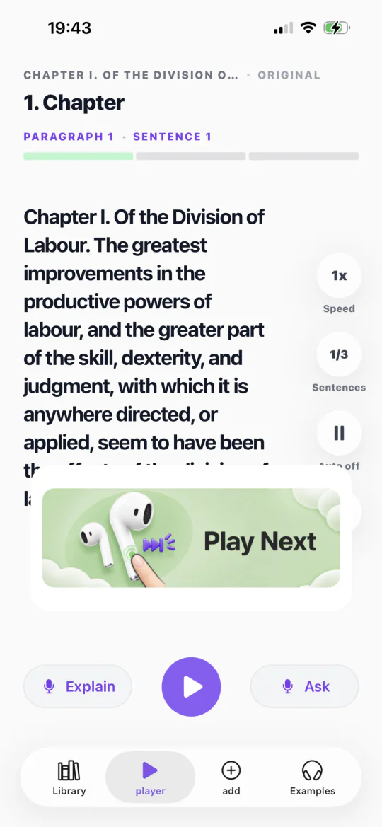 Document Player tip for playing the next sentence with AirPods