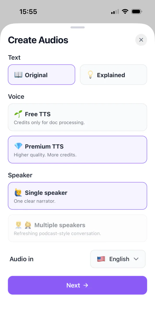 Document Player audio setup screen