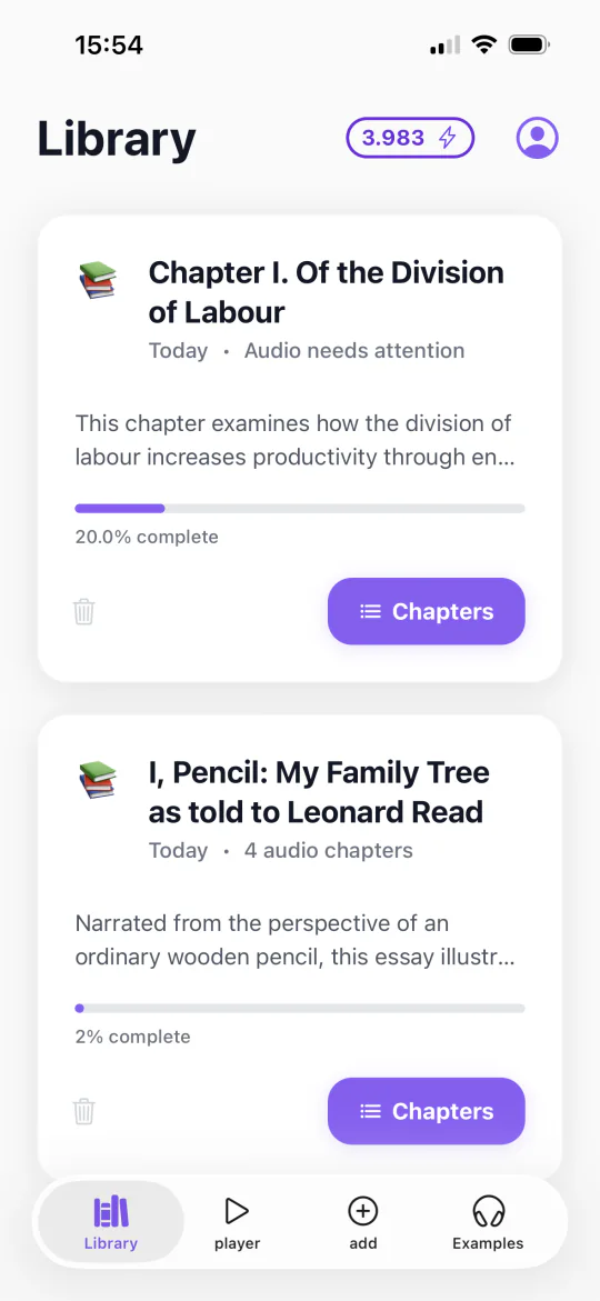 Document Player library with books and listening progress