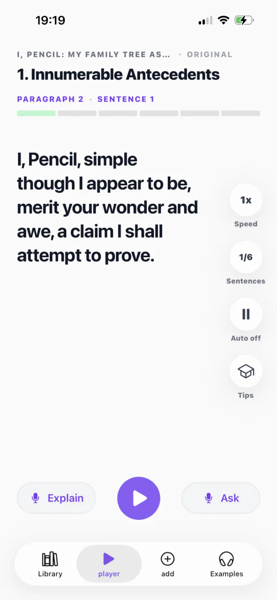 Document Player sentence player with Explain and Ask controls