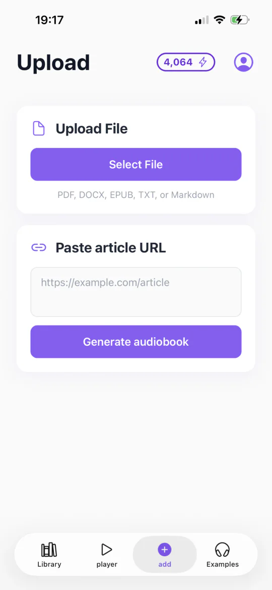 Document Player upload screen
