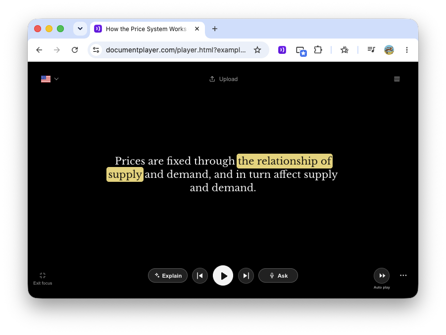 Document Player in dark focus mode with highlighted text and controls to explain, play, and ask questions.